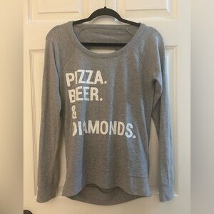 Cha Sor open-back sweatshirt- Pizza, Beer and Diamonds 

Size Small